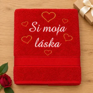 Červená vyšívaná froté osuška s bielym kaligrafickým nápisom Si moja láska a žltými srdiečkami