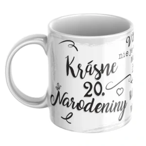 Biely hrnček s nápisom Krásne 20. narodeniny