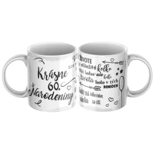 Biely hrnček k 60. narodeninám s nápisom Krásne 60. narodeniny