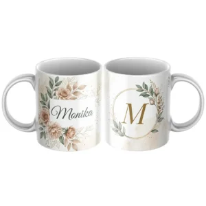 Keramický hrnček s menom Monika a vintage krémovým kvetinovým motívom
