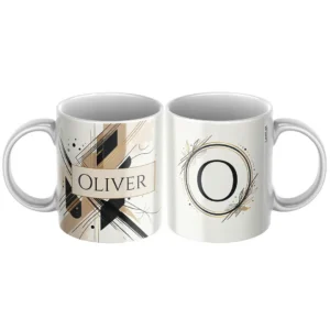 Keramický hrnček s menom Oliver a čierno-zlatým geometrickým motívom