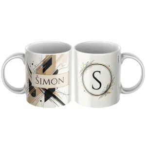 Keramický hrnček s menom Šimon a čierno-zlatým geometrickým motívom