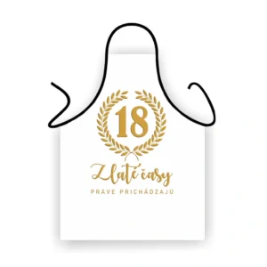 Biela zástera na 18. narodeniny so zlatým číslom 18 a nápisom Zlaté časy práve prichádzajú